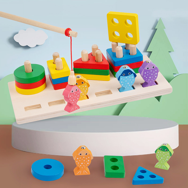 Children's two-in-one fishing shape set column baby early education Montessori shape cognitive matching wooden toys wholesale Children's two-in-one fishing shape set column baby early education Montessori shape cognitive matching wooden toys wholesale