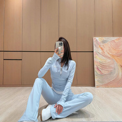 25春季新款撞色假两件上衣+松紧腰微喇长裤修身显瘦休闲套装