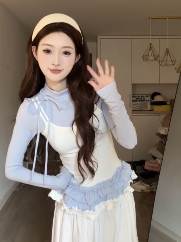 甜美芭蕾风拼接吊带长袖t恤女秋季小个子气质荷叶边显身材上衣潮|undefined