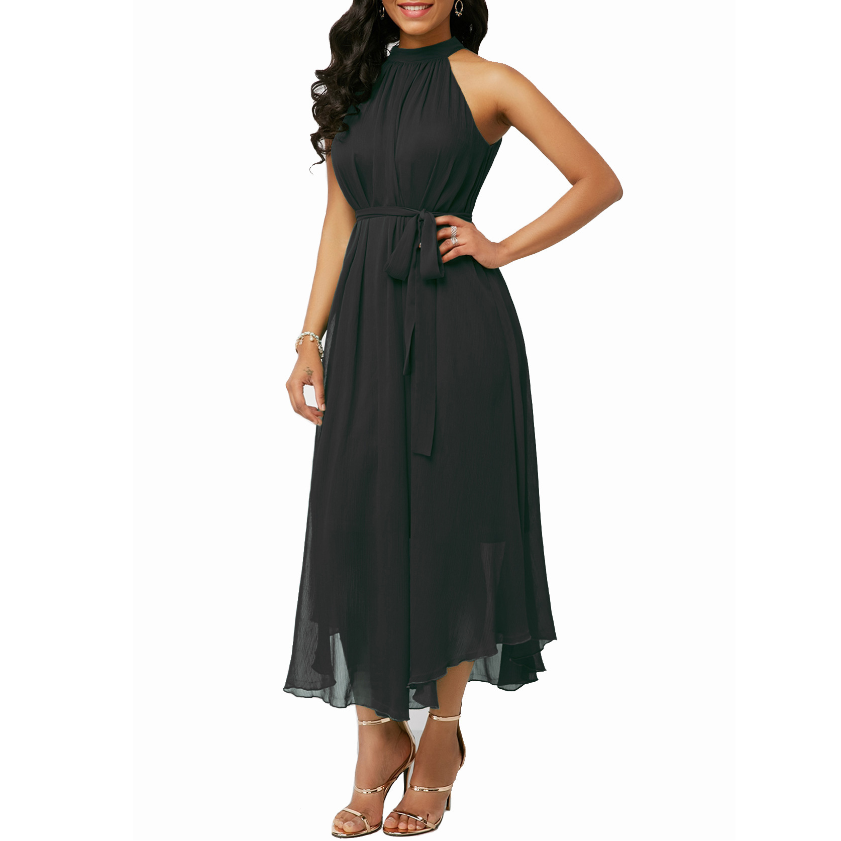 European and American spring and summer halterneck off-shoulder chiffon pleated dress plus size brand women's clothing cross-border supply_senzul.com