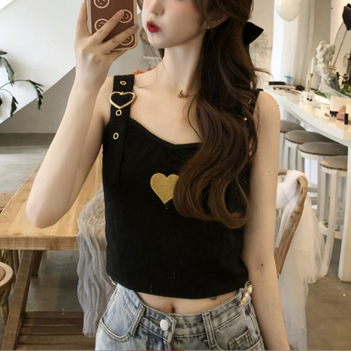 Cool and sweet design love embroidered vest with adjustable suspenders for women summer short knitted top