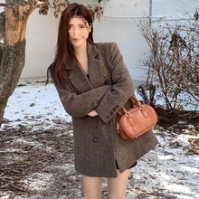 西装小个子毛呢外套女秋冬新款韩系感加厚中长款呢子大衣