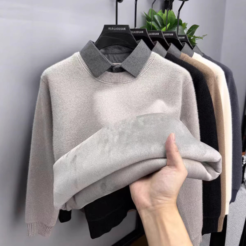 【Integrated Fleece】Shirt Collar Faux Two-Piece Sweater for Men, Thickened and Fleece-Lined, Warm Top, Chenille Knit Base Shirt 【Integrated Fleece】Shirt Collar Faux Two-Piece Sweater for Men, Thickened and Fleece-Lined, Warm Top, Chenille Knit Base Shirt