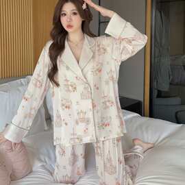新款睡衣复古风长袖开衫纯欲风可爱外穿家居服套装高级感冰丝料