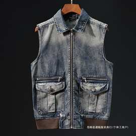 2023年秋季潮牌青年复古怀旧牛仔马甲男式牛仔背心韩版无袖马甲男