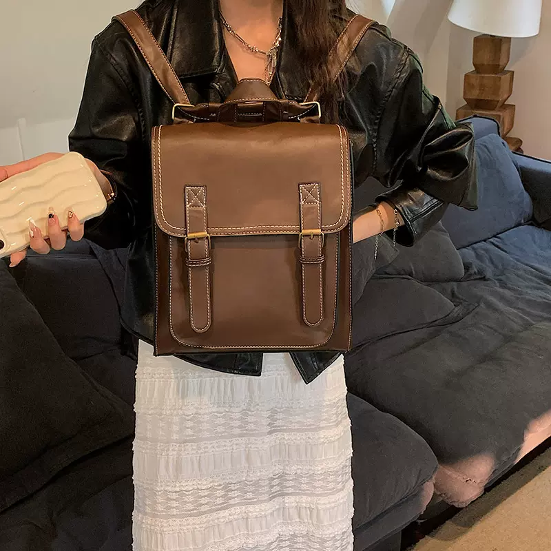 跨境新款复古双肩包时尚PU单肩斜挎包潮大学生车缝线抽带女生背包