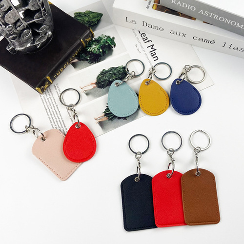 Leather water drop small keychain card holder protective case square elevator card holder Instagram community access card holder