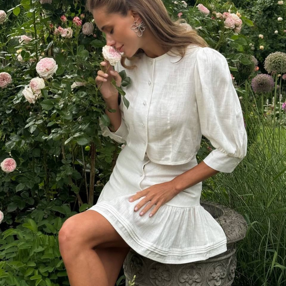 2026 Summer New European And American Women's Fashion Solid Color Short-Sleeve Cotton Top Set With Casual Short Skirt_ecoleips.com