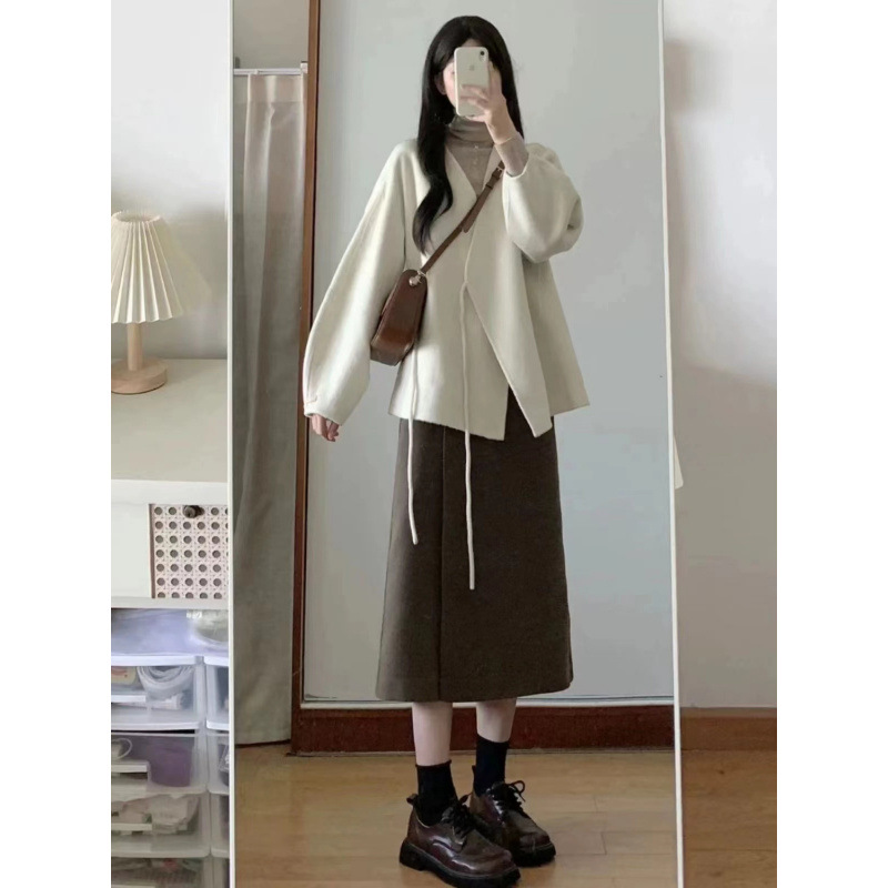 임산부 가을 겨울 스웨터 정장 니치 디자인 레이지 스타일 레이스업 니트 카디건 투피스 슬림 드레스