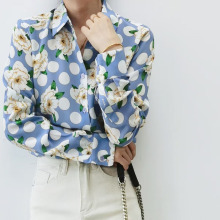 清仓欧美春夏新圆点大花朵印花真丝衬衫 宽松通勤桑蚕丝女衬衣