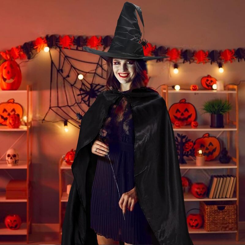 新しいハロウィーンのしわの魔女の帽子のパーティーの魔女の帽子のマントの黒いオックスフォードの布の魔女の帽子の化粧道具|undefined