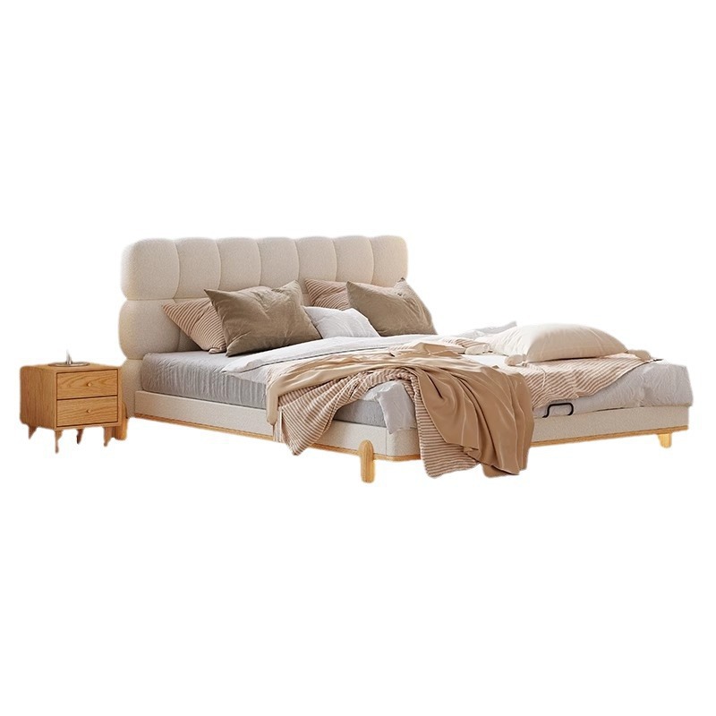 Cama de tela de madera de cera blanca, cama de dormitorio francesa, cama de chica, gato, tela de nube, nube, cama doble moderna y simple