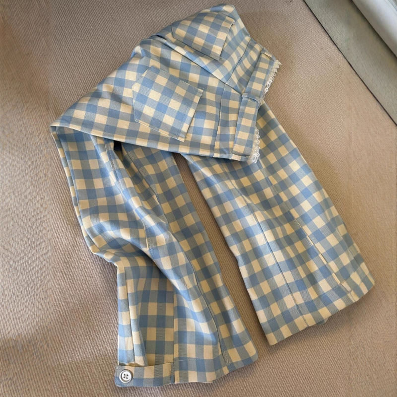 蓝色格子裤女夏季薄款高腰垂感直筒阔腿裤小个子宽松休闲拖地裤子|undefined