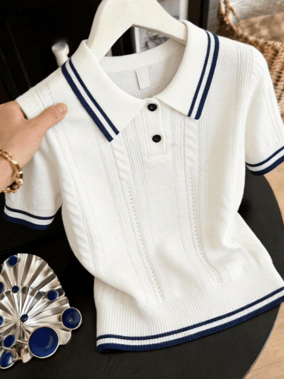 Áo thun nữ cổ polo phối màu tay ngắn phong cách Hàn Quốc — trắng