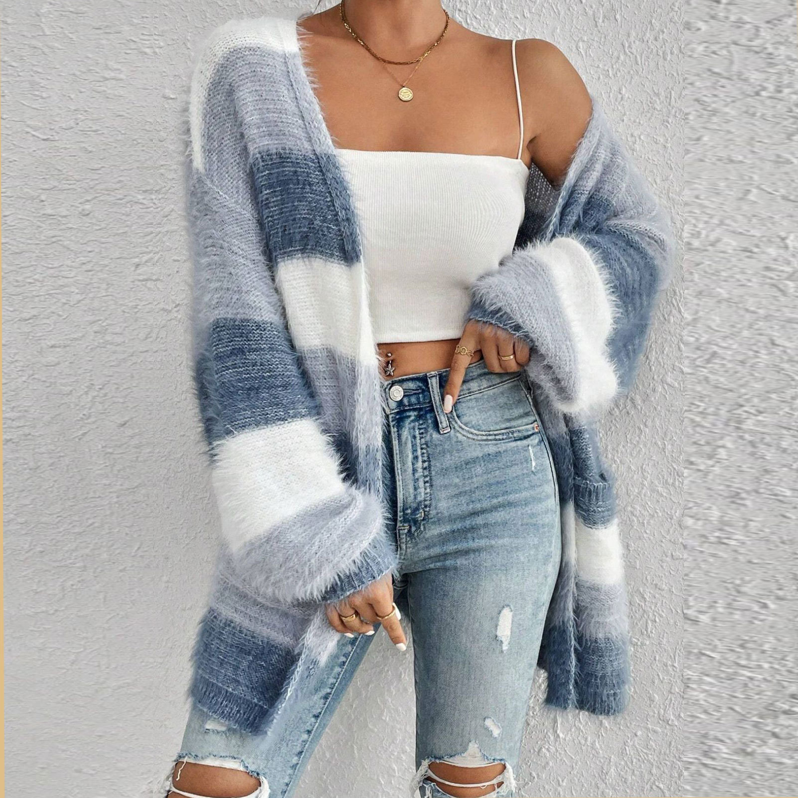 Amazon's new autumn and winter style lazy style striped color-blocking knitted cardigan women's loose long-sleeved imitation mink sweater jacket