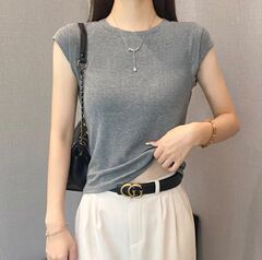 女性用スレッドラウンドネックフライングスリーブTシャツ、夏用スリムボトムシャツ、万能スリム半袖トップス