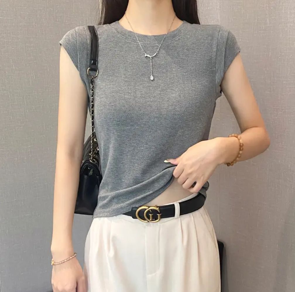 Threaded Round Neck Flying Sleeve T-Shirt Women's Summer Slim Bottoming Shirt Versatile Slimming Look Short-Sleeved Top Versatile