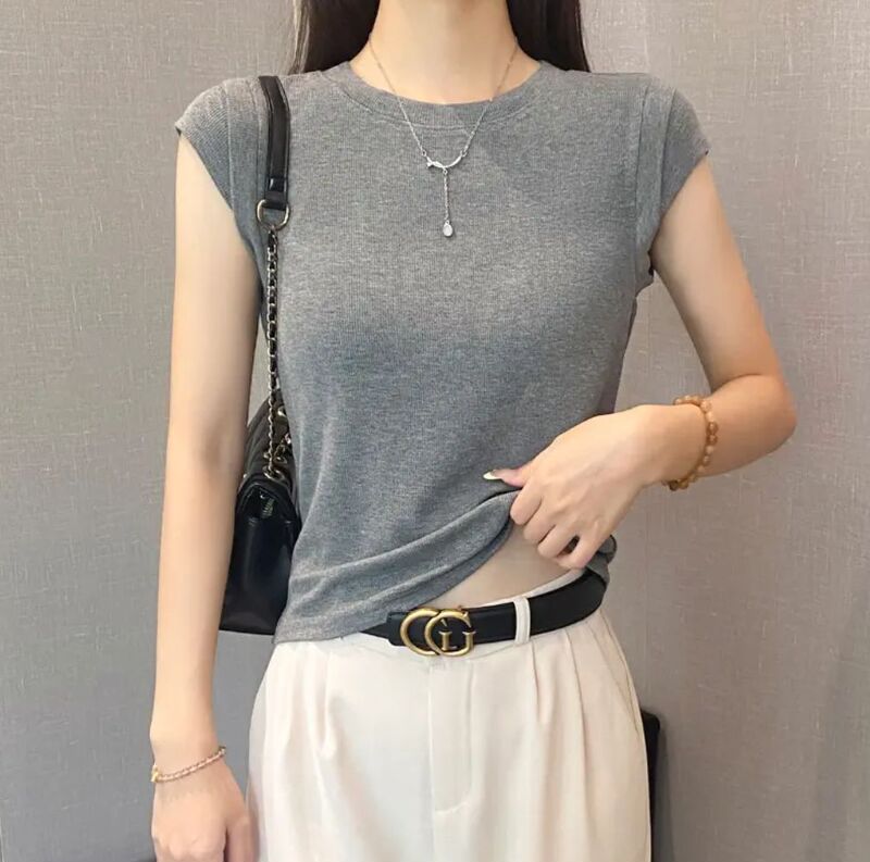 Threaded Round Neck Flying Sleeve T-Shirt Women's Summer Slim Bottoming Shirt Versatile Slimming Look Short-Sleeved Top Versatile