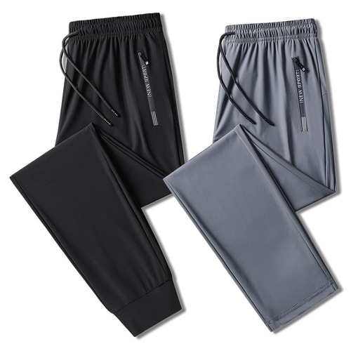 Summer couple ice silk trousers for men and women sports running quick-drying trousers warp knitted stretch large size trousers with printed LOGO