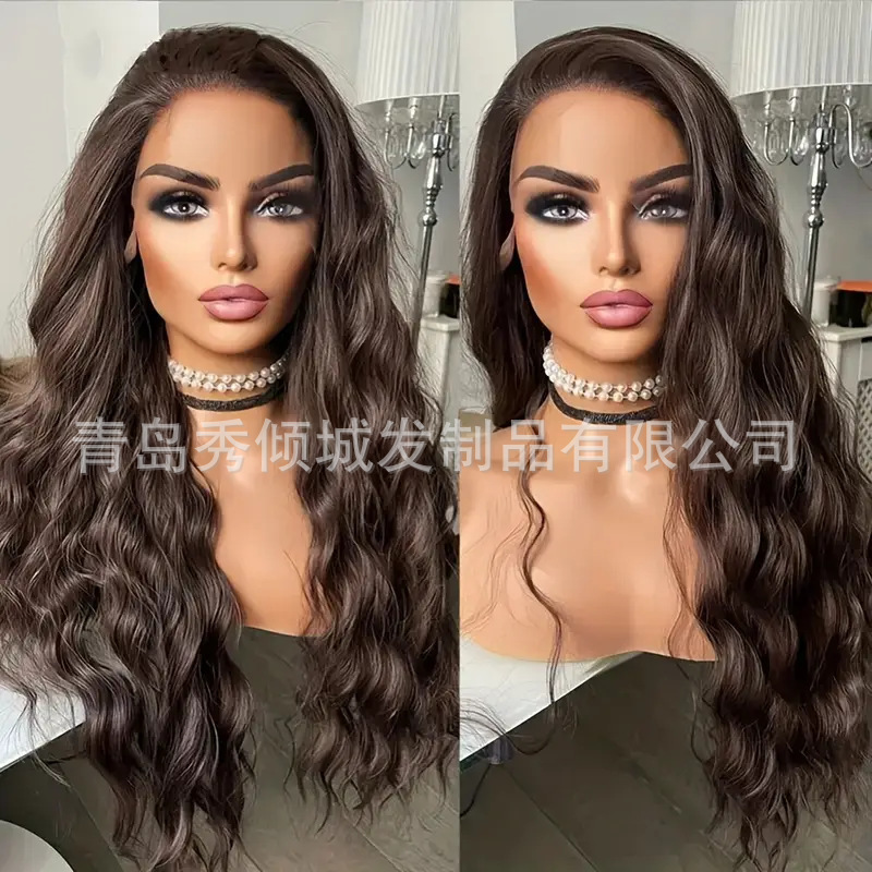 European and American Style Lace Front Wig for Women, Hand-Tied Brown Large Curls, Free Parting, Synthetic High-Temperature Fiber Full Wig, Cross-Border Shipping