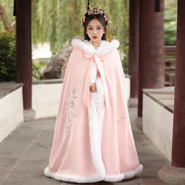 女童汉服披风冬款加绒加厚中国风连帽斗篷仙气粉色甜美女孩拜年服