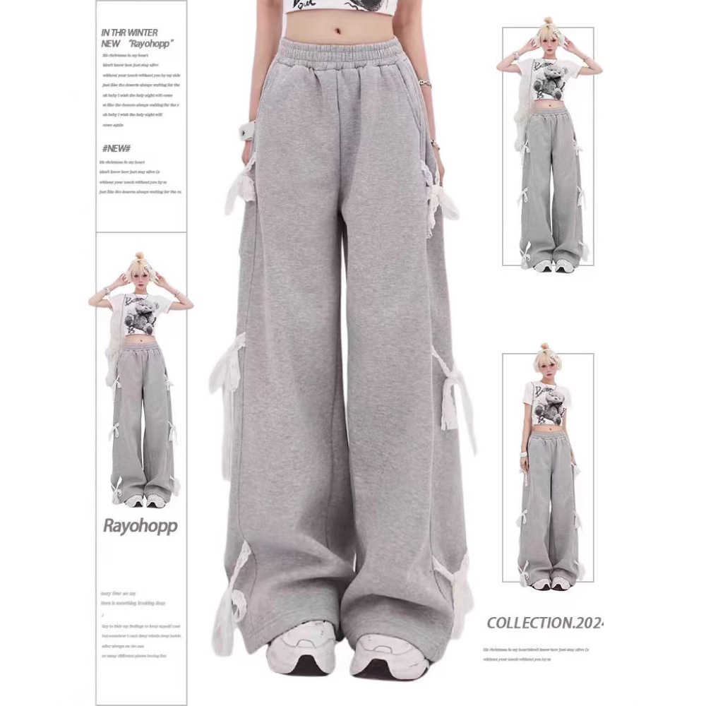 아메리칸 스타일 레트로 달콤한 쿨 스트라이프 활 장식 캐주얼 바지 여성의 이른 봄 디자인 감각 느슨한 스트레이트 스포츠 바지