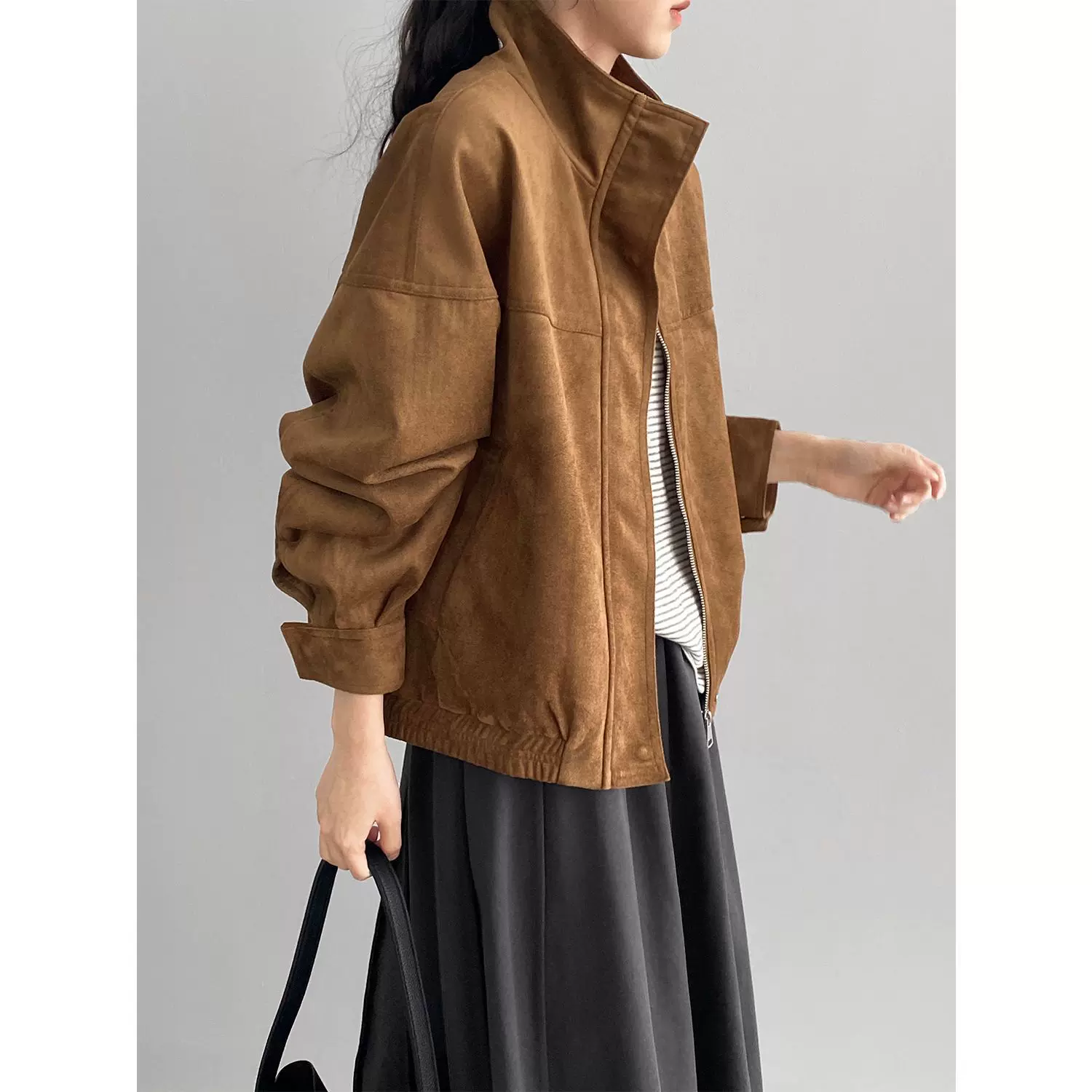 那末复古美拉德风立领夹克外套女翻领休闲百搭宽松麂皮绒上衣6133