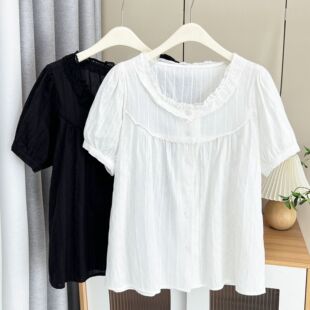 Plus Size Women's Summer New Style 100kg Fat Sister Thin Lace Collar Short-Sleeved Shirt Casual Shirt 6761
