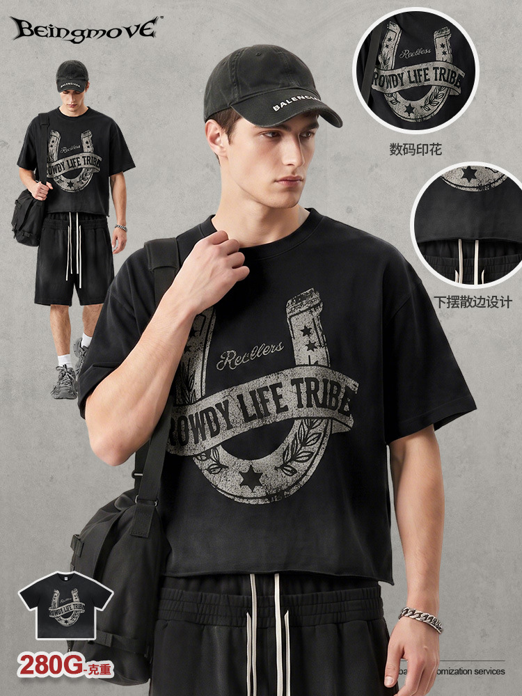 Calle secada| Nuevo estilo americano occidental calles boxy retro de manga corta hacer vieja lavado spray camiseta de impresión de caballo para hombre image 2