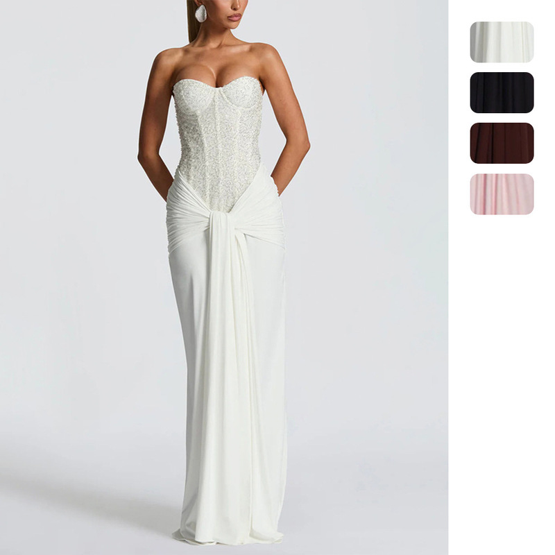 Amazon Independent Site European and American Clothing Sexy Sexy Girl Wrapped Chest High Waist Slim Strap Pure Color Dress for Women 8203