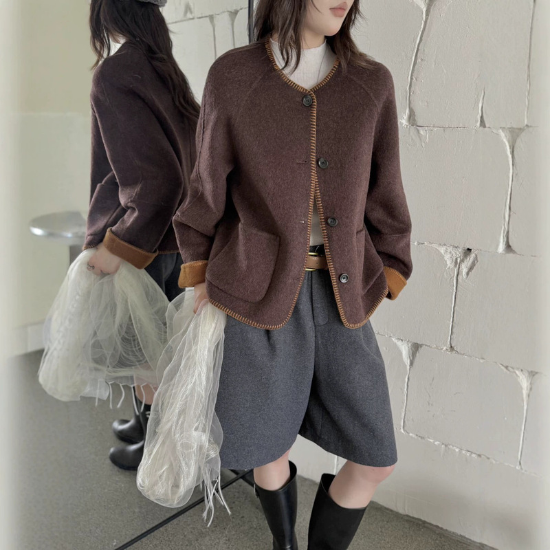 AB double-sided, two-tone, petite-sized double-faced wool coat, 2026 autumn/winter new collection, with shell-shaped trim for a slimming effect AB double-sided, two-tone, petite-sized double-faced wool coat, 2026 autumn/winter new collection, with shell-shaped trim for a slimming effect