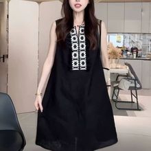 法式钩花刺绣无袖亚麻连衣裙女夏季2025新款宽松气质显瘦黑色裙子