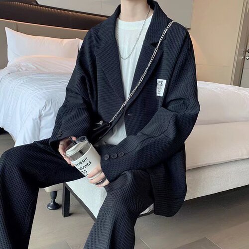 Men's Leisure Korean Style Hip-Hop Ins Suit Top Coat with Plaid Vest