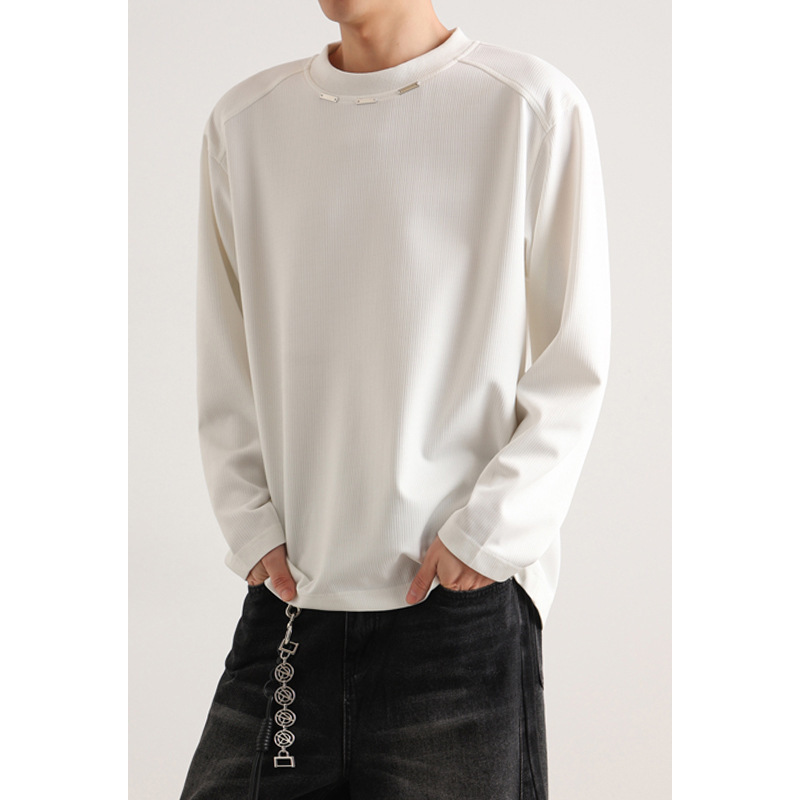 Metallic Deconstructed Straight-Shoulder Long-Sleeve T-Shirt for Men, Spring Season, Cleanfit Heavy-Duty Base Layer, American-Style Casual Top
