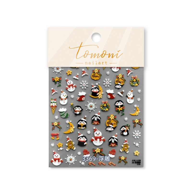 Tomoni en relieve pegatinas de uñas populares pegatinas de uñas vintage fábrica al por mayor japonés Navidad pingüino muñeco de nieve 3354
