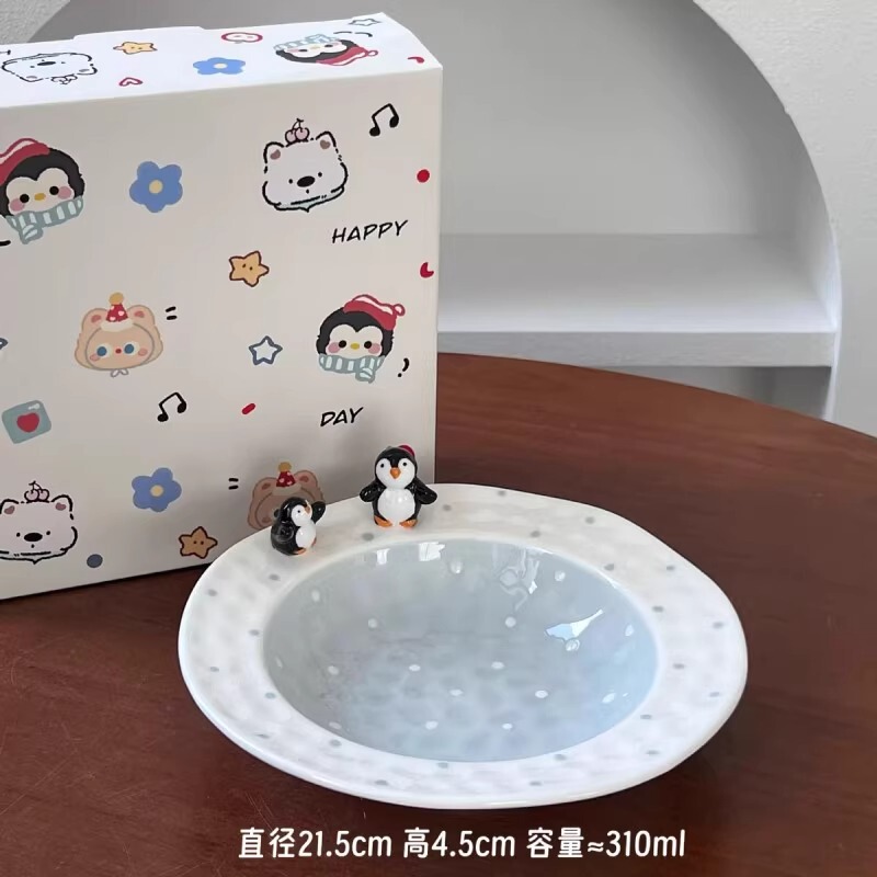 卡通风釉下彩可爱企鹅陶瓷餐具不规则家用餐盘米饭碗咖啡杯马克杯|undefined