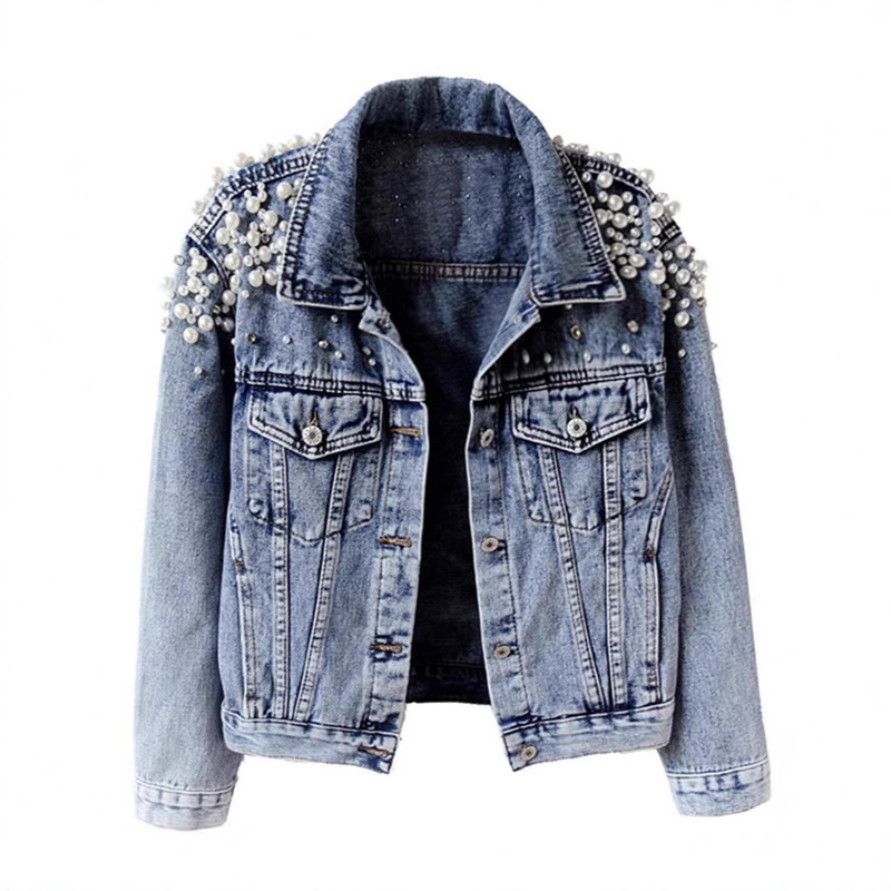 Cross-border Amazon TEMU Women's Denim Jacket Embroidered Rivet Pearl Short Fashion Loose Spring Denim Jacket Cross-border Amazon TEMU Women's Denim Jacket Embroidered Rivet Pearl Short Fashion Loose Spring Denim Jacket