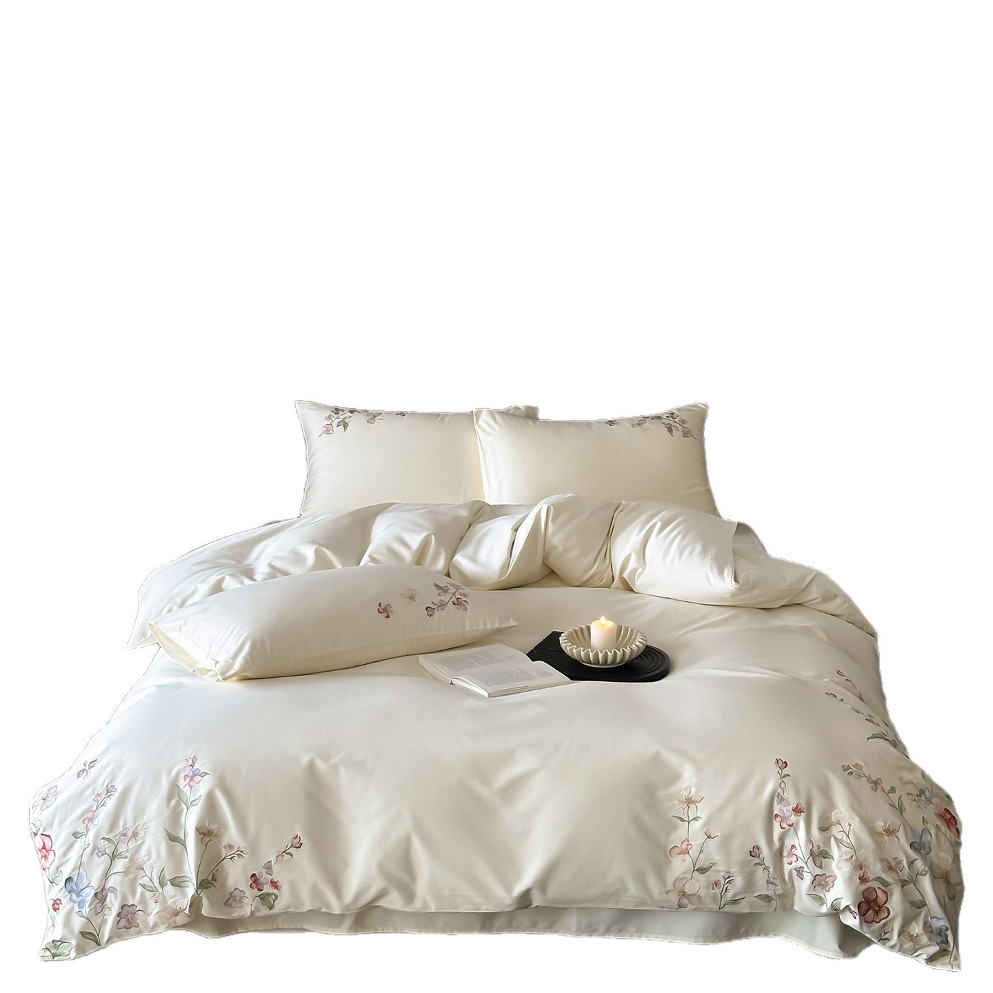 Pequeño fresco estilo coreano viento pastoral otoño invierno algodón molido cuatro piezas flores bordadas colcha de cama blanca