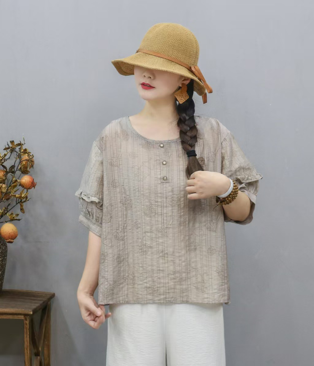 Transfronterizo 2025 primavera y verano nuevo estilo chino de ropa de mujer camiseta estampada mangas de linterna camiseta de mujer collar redondo literatura y arte image 9