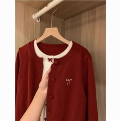 韩系蝴蝶结红色假两件开衫毛衣女秋冬款慵懒风针织衫红色毛衣新款