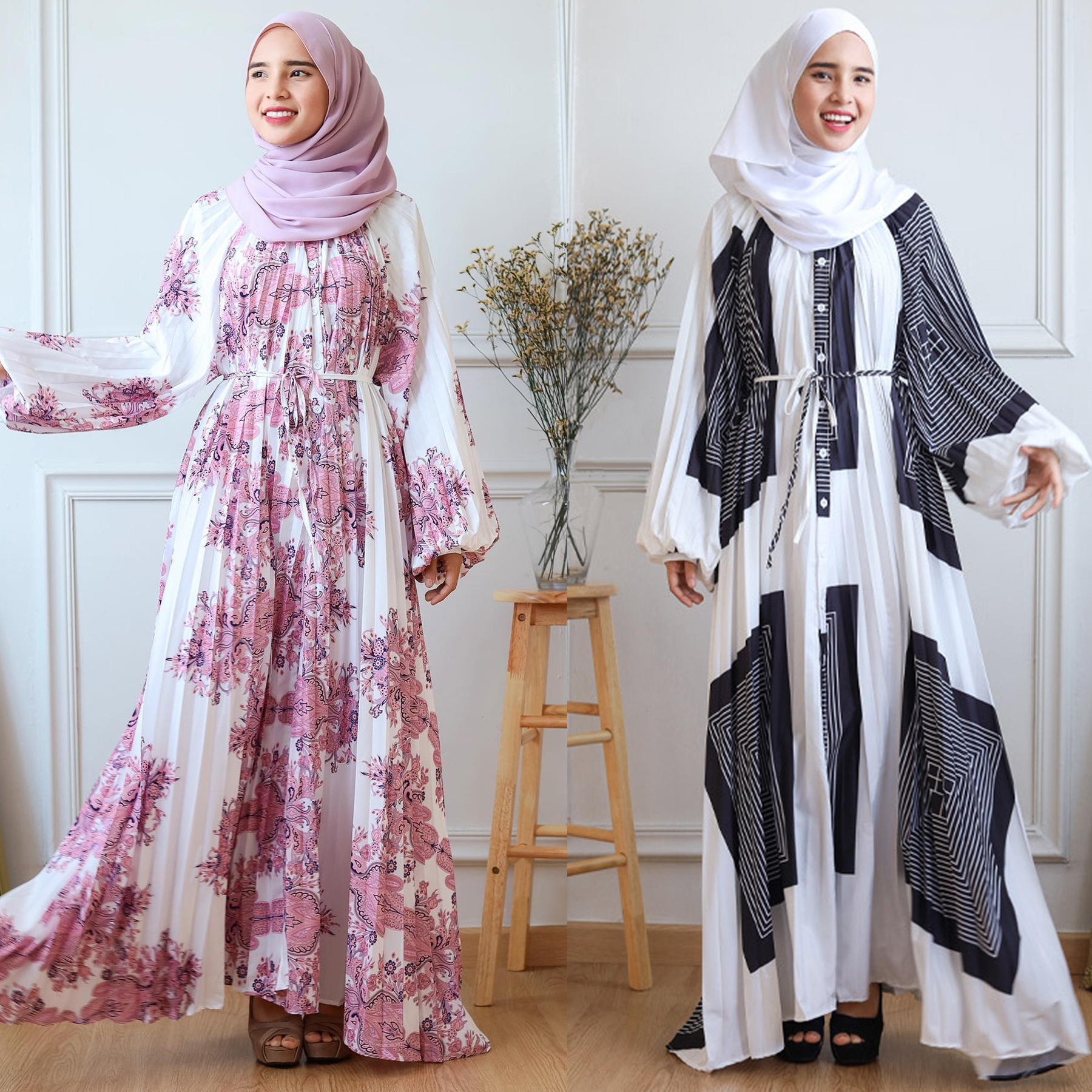 Middle East Muslim High-end Feminine Fashion With Lantern Sleeves, Printed Pleated Long Robe Dress_ecoleips.com