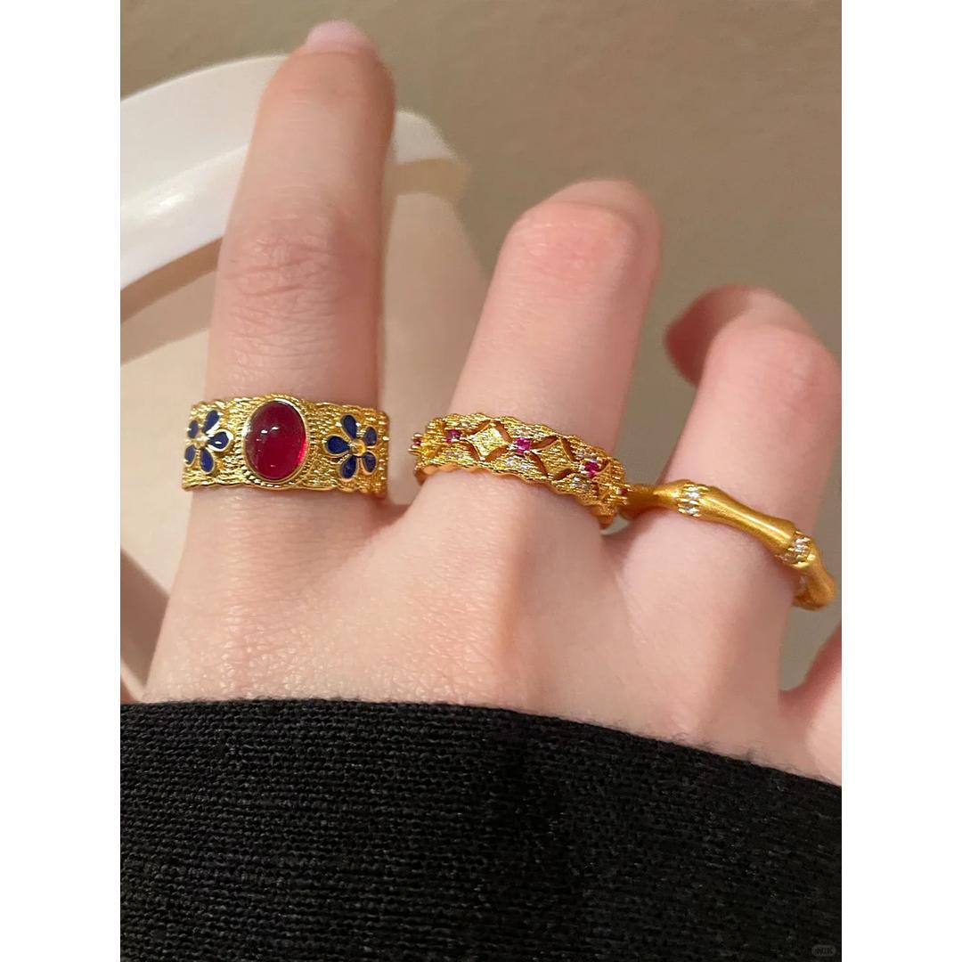 궁전 스타일 레트로 골드 에나멜 대나무 반지 여성 나비 타이거 아이 스톤 레드 오픈 링 반지 스팟 도매