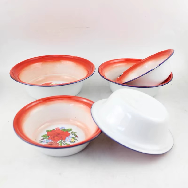 Vasija blanca profunda palangana floral de esmalte doméstico maceta vintage de restaurante cuenco de esmalte nostálgico