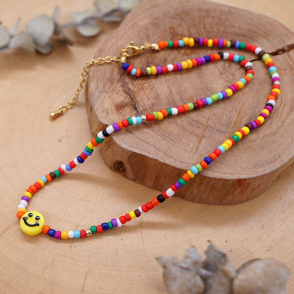 Bohemia Rainbow Glass Rice Beads Handmade Beaded Yellow Smiley Face Necklace display picture 3