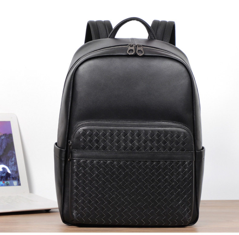 Ba lô da bò thật dệt tay nam, balo đựng laptop 15,6 inch đa chức năng đi làm du lịch — Màu đen chi tiết 3