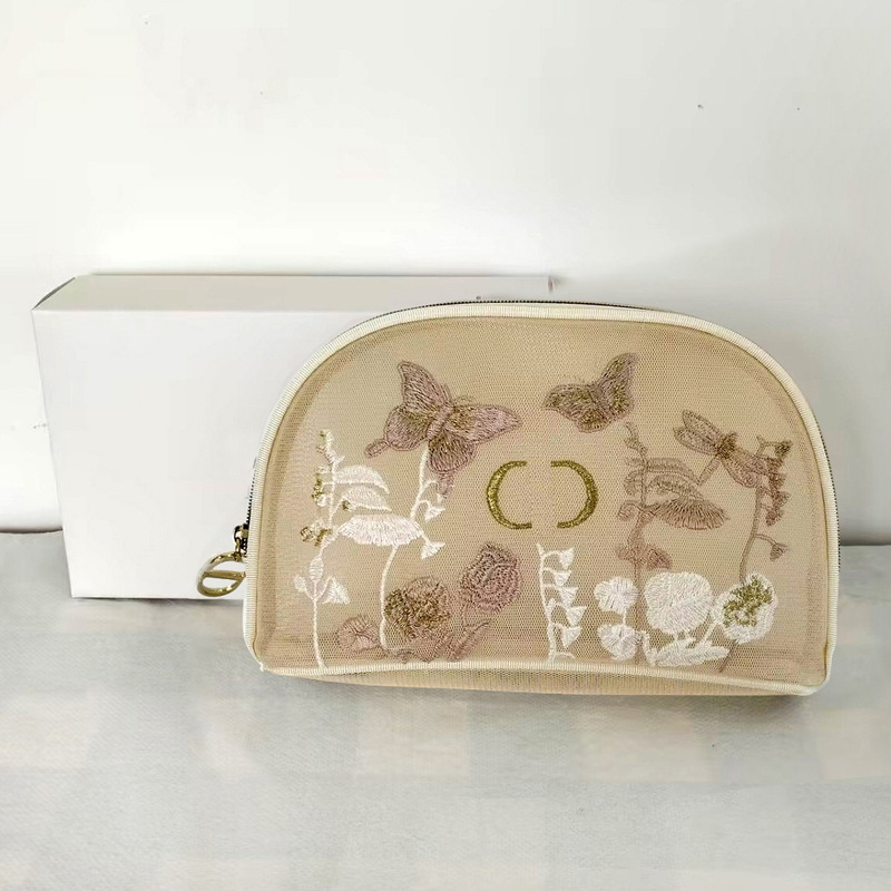 New Lace Mesh Cosmetic Bag Embroidered Butterfly Carry-On Makeup Bag Hand-Held Transparent Hollow Cosmetic Storage Bag