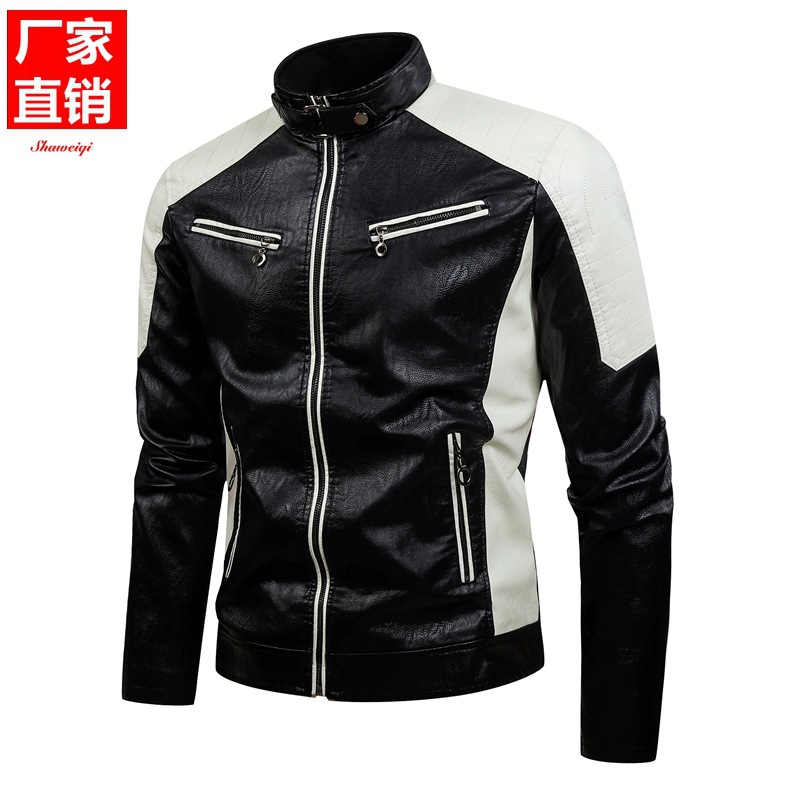 2020 Comercio exterior transfronterizo Otoño e Invierno chaqueta de cuero de costura de motocicleta casual cuello de pie de moda de los hombres chaqueta de cuero caliente Retro