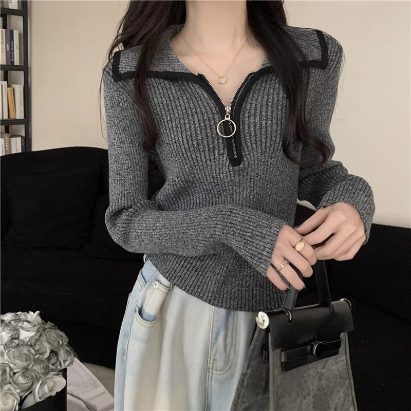 高级感半拉链翻领毛衣女秋冬内搭打底修身显瘦针织衫长袖短款上衣|undefined