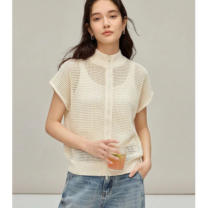 [Bc Order] 2026 Summer Short-Sleeve Knitted Cardigan for Women, Simple Hollow-Out Breathable Casual Zipper Outerwear Top