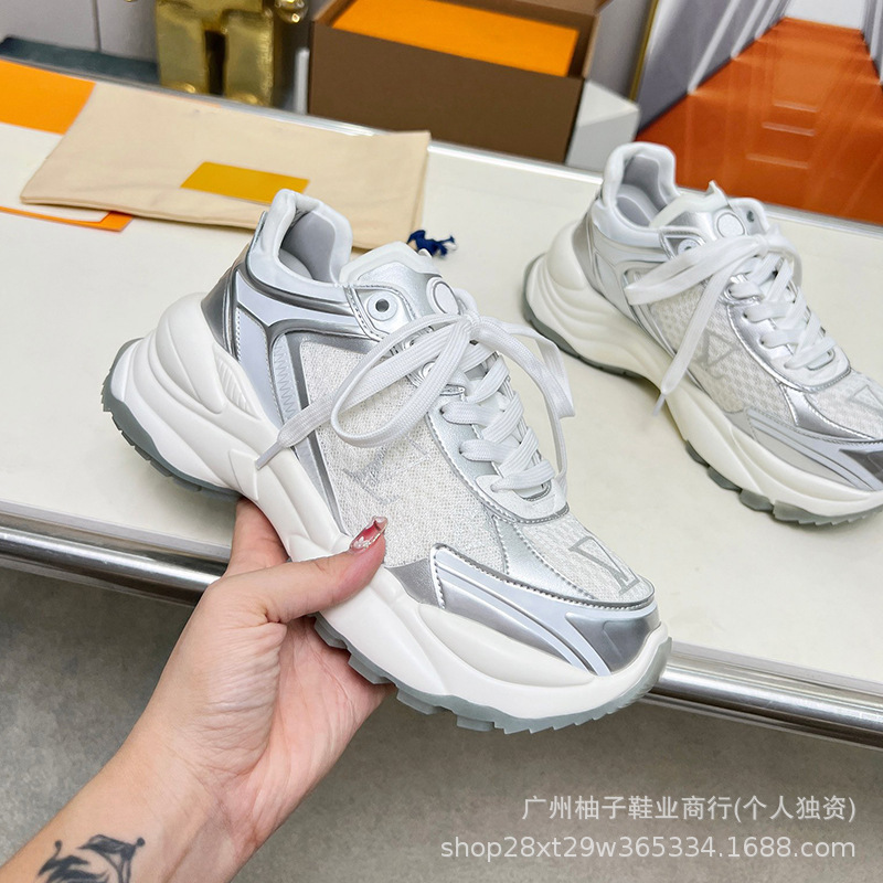 2026 Spring and Summer New Sports Shoes Thick-Soled Lace-Up Color-Blocked Flowers Breathable Denim Denim Height-Increasing Shoes Tennis Shoes Trendy